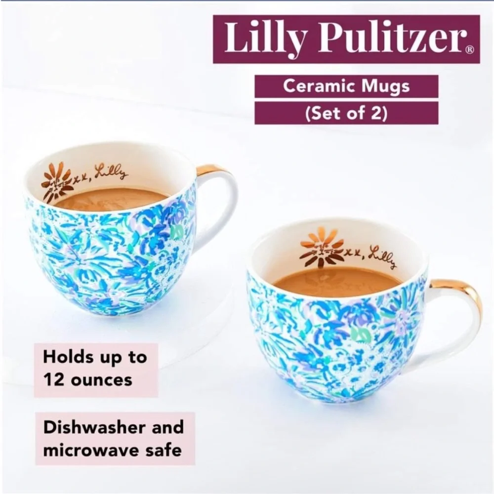 Set of 2 Lilly Pulitzer Mug Cup 12 Oz Floral Blue Gold Handle Hidden Lion